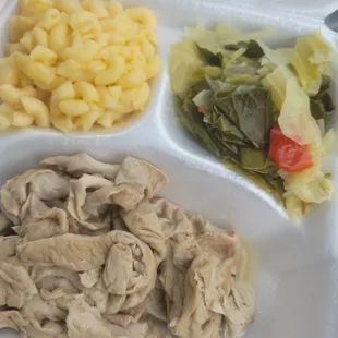 mac and cheese,chitlins, cabbage