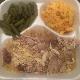 Chicken and dressing, green beans, macaroni