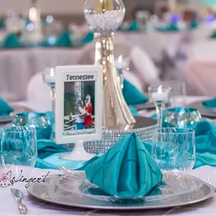 We offer reception/guest tables set up. Including linen, centerpieces, charge plates and more.