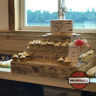 1 tier wedding cake with variety cupcakes.