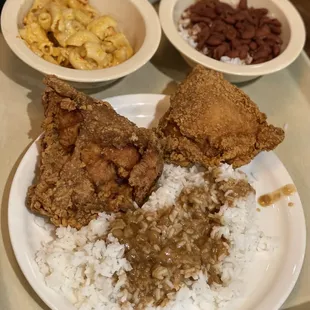 Fried chicken, red beans and rice, and crawfish Mac n cheese!