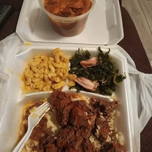 I took the pic after I started eating.. sorry, I was hungry!.. beef tips, Mac&amp; cheese, greens&amp; a side of yams( that&apos;s whatcha call a side)!