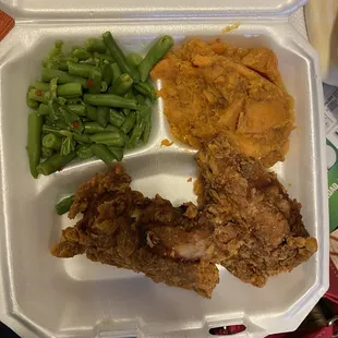 Fried chicken, green beans, yams...