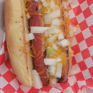 Turkey dog, w/cheese &amp; onions!