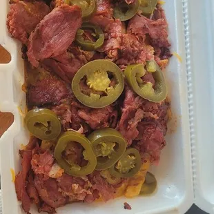 Chili cheese fries w/pastrami &amp; Jalapeños