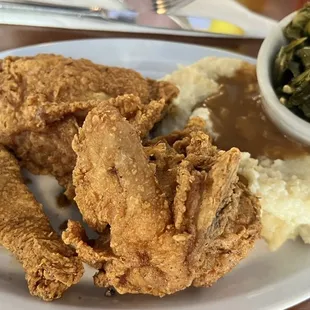 fried chicken, mashed potatoes and collar greens