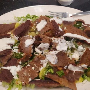 Close up of Greek Salad and Gyro Meat