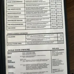 Pizza menu