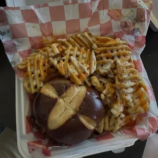 Bacon burger with Buffalo Ranch Fries