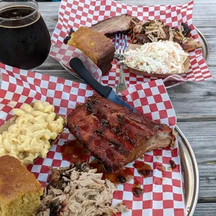 Chopped pork, baby back ribs, corn bread &amp; mac n cheese