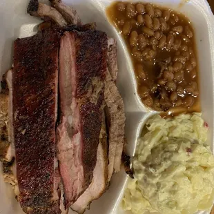 Ribs, brisket, turkey, potato salad and baked beans