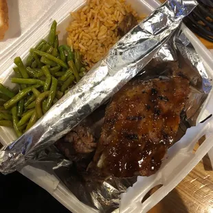 Brisket, ribs, green beans, jambalaya