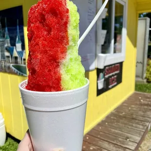 a hand holding a cup of shaved ice
