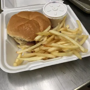 4 inch pulled chicken sandwich, fries and slaw.