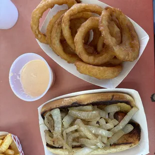 Veggie dog with sautéed onions &amp; side of onion rings