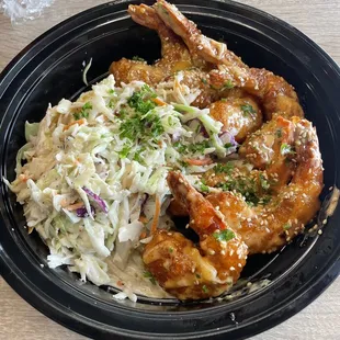 Shrimp Sizzle Bowl was amazing. And the coleslaw is homemade. The food is fresh it&apos;s not heated and it&apos;s busy.