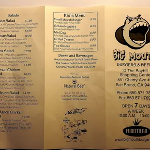 a menu for big mouth burgers