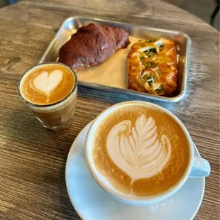 Chocolate croissant, Feta spinach pastry, Gibraltar, Vanilla Latte