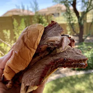 Brisket sandwich is overflowing with meat!