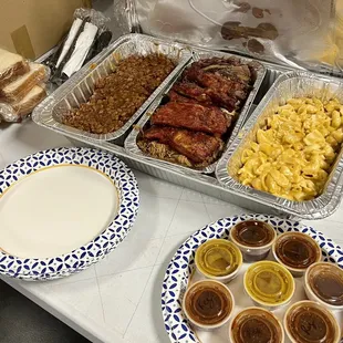 Family platter with some ribs. Beans + Mac n Cheese