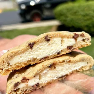 Chocolate chip cookie filled with cheesecake