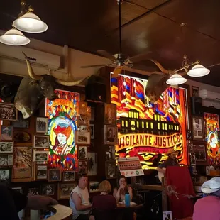 Inside dining area, view of stained glass
