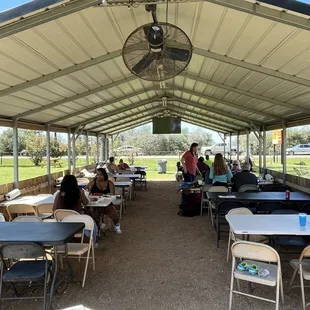 people eating under a tent