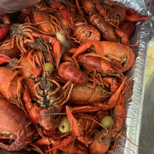 Yummy crawfish with mushrooms and pimento olives