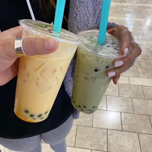 yellow is the mango one i got &amp; green is what my friend got (green tea milk tea) yum!