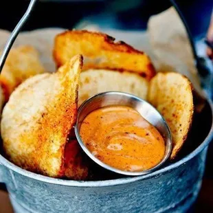 Handcut and Fried-to-Order Kennebec potato chip buckets with Chipotle Mayo Dipping Sauce