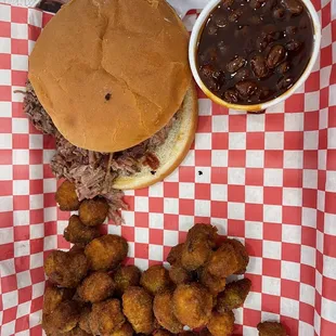 Brisket Sandwich with fried okra and baked beans