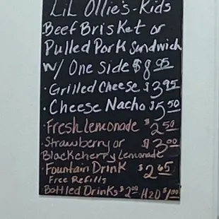 Kids menu