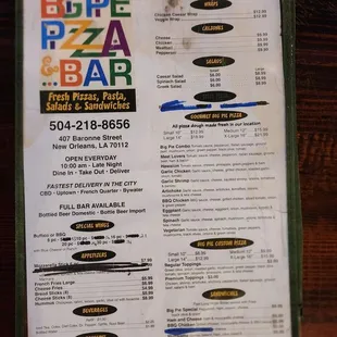 Menu of food