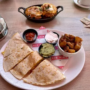 Top = Fried Chicken and Waffle Benny and Bottom = Breakfast Quesadilla