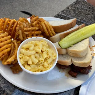 French Fries, Mac N'Cheese, Pickles,Bread, Burnt Ends