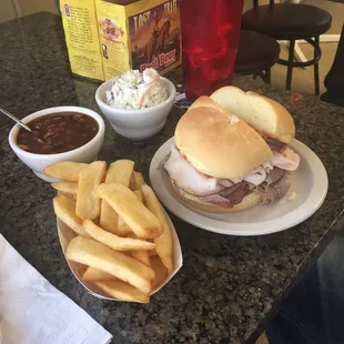 Combination Beef &amp; Turkey Sandwich with a small fry, Cole Slaw and Baked Beans.