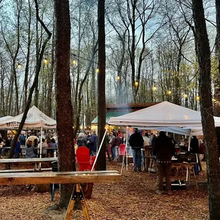 a large group of people gathering in the woods
