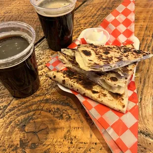 Beers and a quesadilla from the food truck
