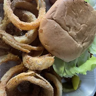 Colossal cheeseburger and onion rings