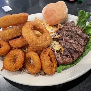 Flat Iron Steak, Onion Rings and Hashbrowns