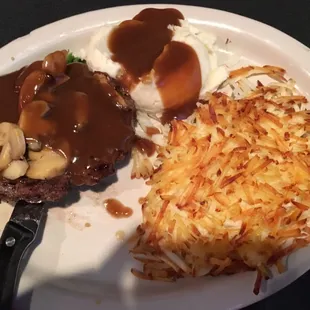 12oz Chopped Steak with Mashed Potatoes &amp; Hash Browns ($12.99)