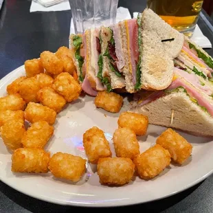 Tater tots and triple layer club sandwich