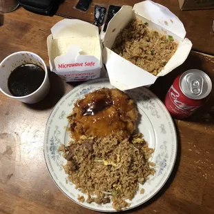 Shrimp egg foo young comes with 3 paddies and sauce over the it and white rice. Large beef fry rice.