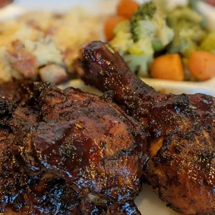 BBQ Chicken Plate with garlic veggies and loaded mash potatoes