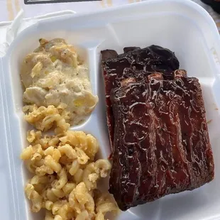 Rib Plate with Mac and Cheese and Scalloped potatoes