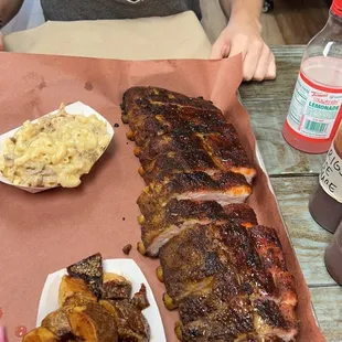 Ribs, twice fried potatoes,  Mac n cheese.