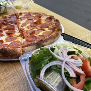 Far left - Caesar Salad, Middle - Pepperoni Pizza, Right - House Salad (with spinach base)
