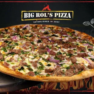 Our carne asada pizza with house made green salsa