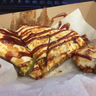 Pulled pork quesadillas - the fries goes inside 'em!!