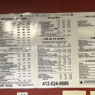 the menu for the restaurant